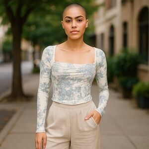 NWT  CIDER Santorini Beach Vacation Toile de Joy. Long sleeve crop.